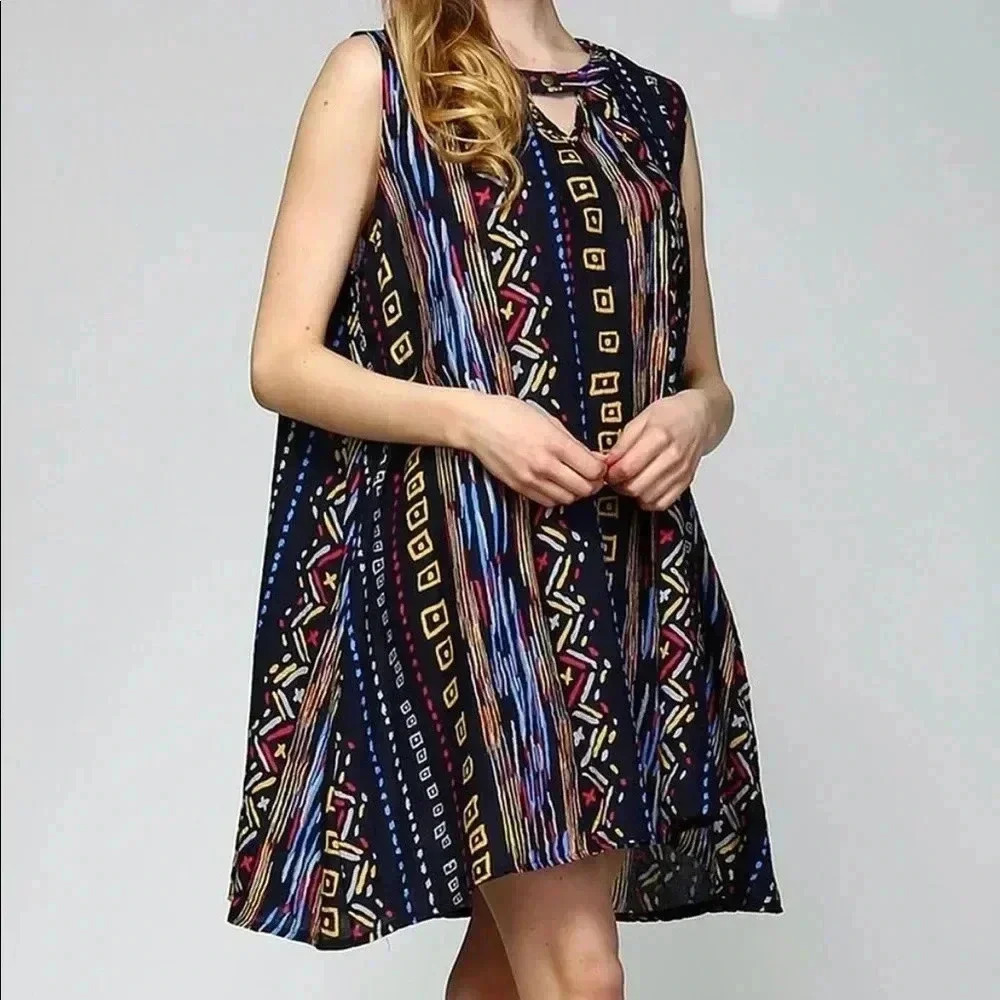 🆕Velzera Navy Geometric Sleeveless Shift Dress M🆕